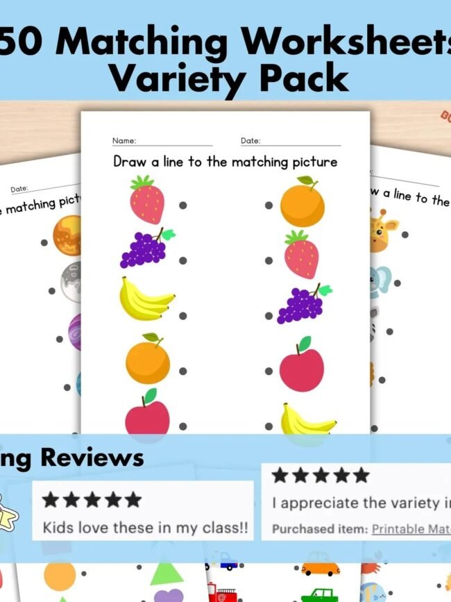 50 Printable Matching Worksheets for Preschool & Toddlers | Match the Picture, Color & Shapes | Kindergarten Learning Activity 50 Printable Matching Worksheets for Preschool & Toddlers | Match the Picture, Color & Shapes | Kindergarten Learning Activity